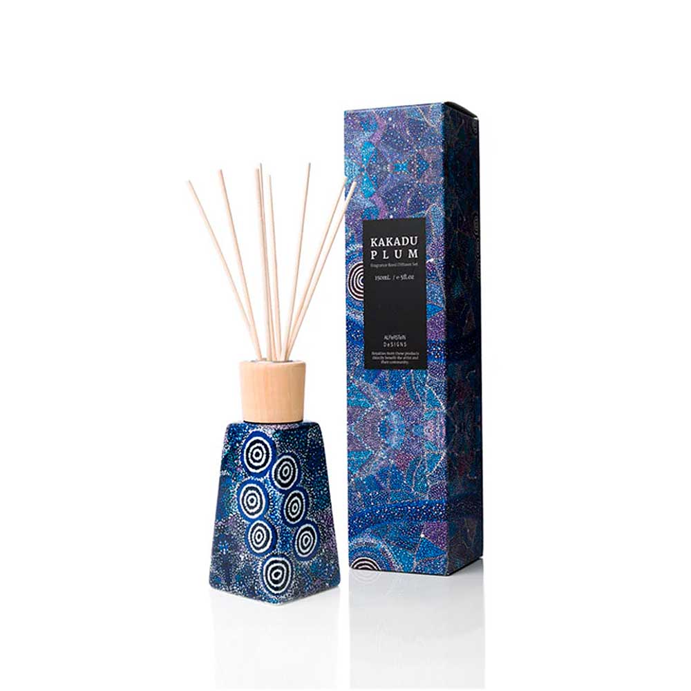 Fragrant reed diffuser set featuring First Nations Artists artwork on white background