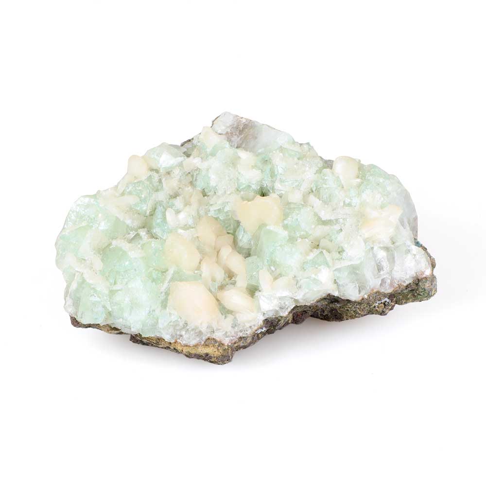 Apophyllite green crystal cluster photographed on white background. Australian Museum shop online