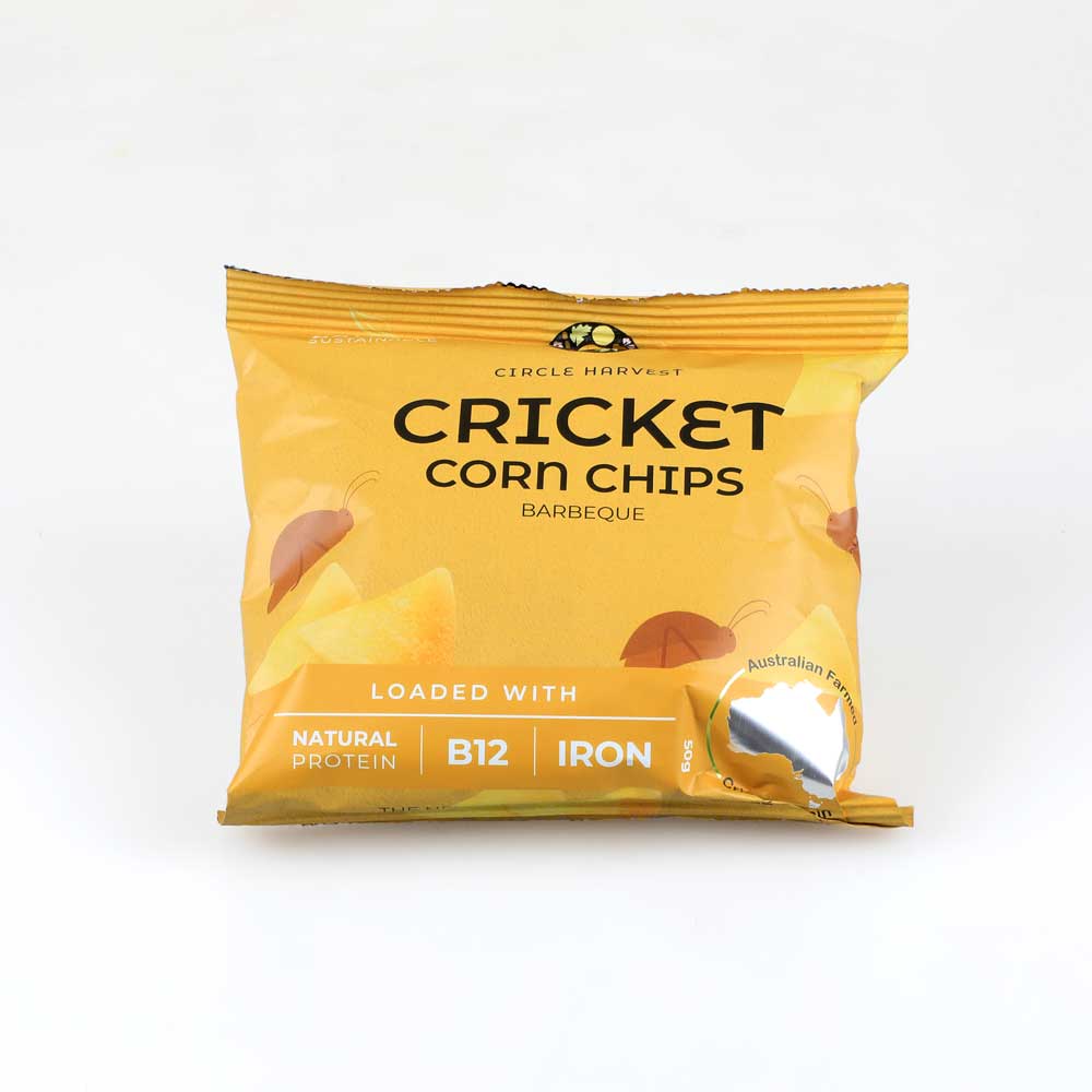 Edible insects gift pack cricket corn chips photographed on white background. Australian Museum shop online