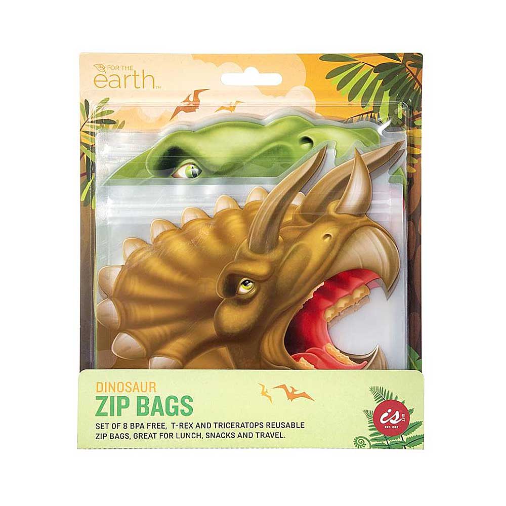 Dinosaur Zip-Lock snack bags BPA free photographed against white Australian Museum Shop online