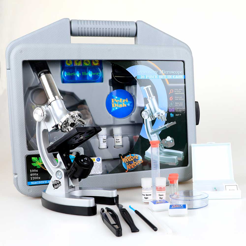 Discovery microscope set. kit contents and carry case photographed on white background. Australian Museum Shop online