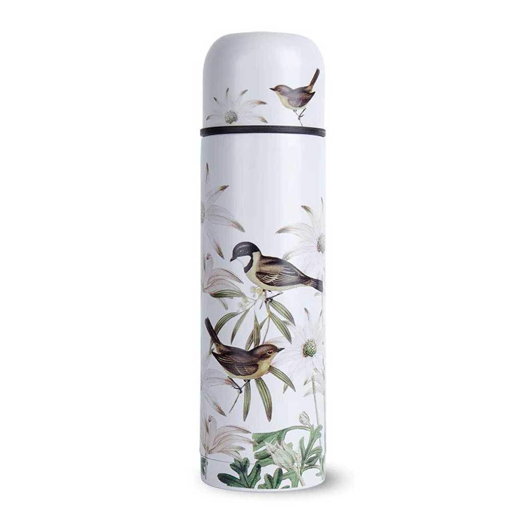 Flannel flowers illustrated stainless steel thermal tea flask on white background for Australian Museum Shop online