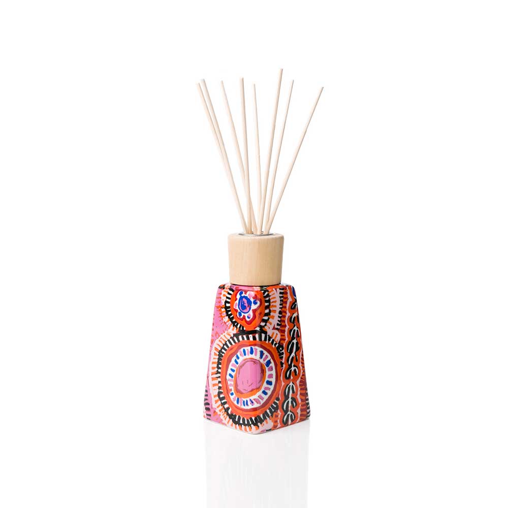 Fragrant reed diffuser set featuring First Nations Artists artwork on white background
