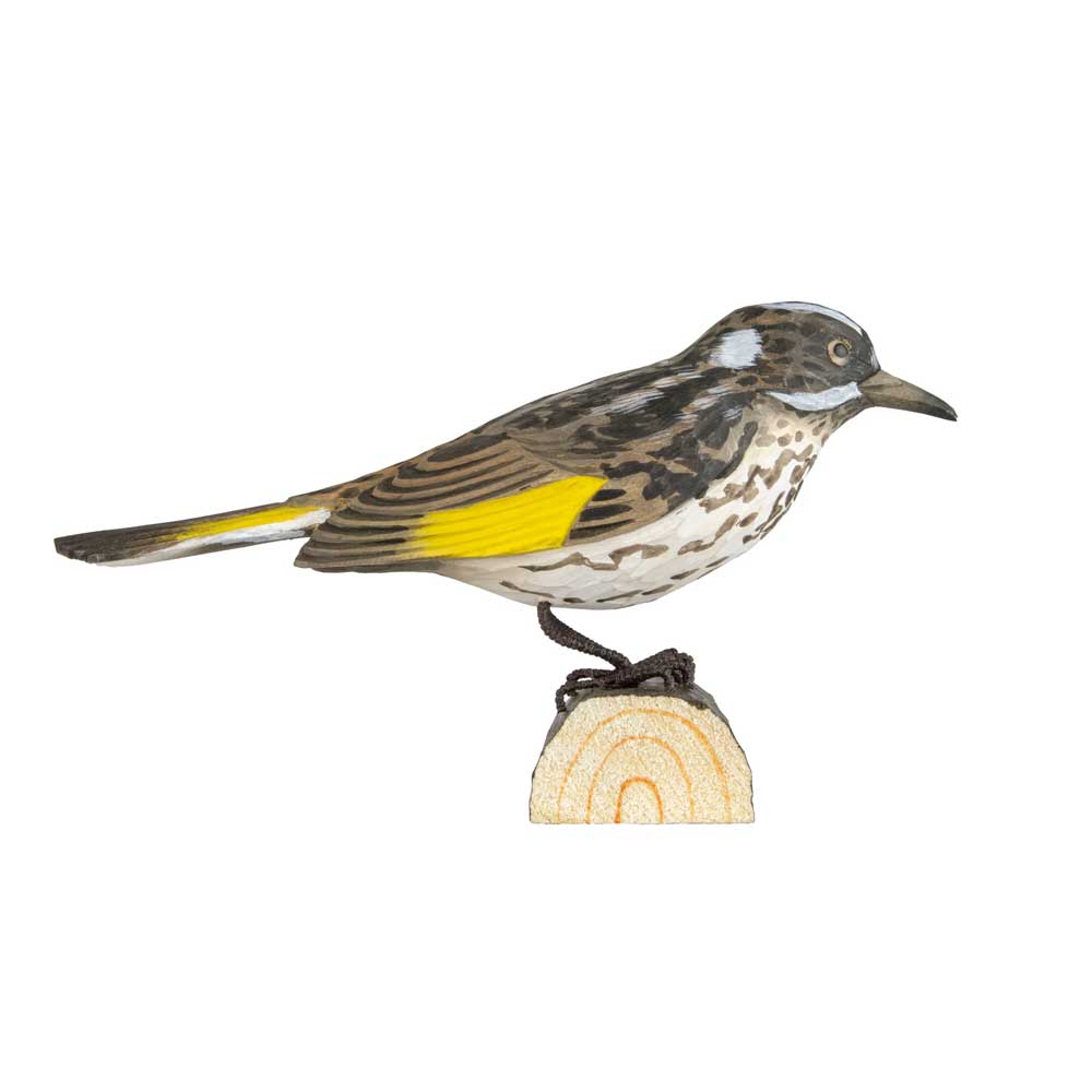 New Holland Honeyeater hand carved linden wood deco bird photographed against white background. Australian Museum Shop online