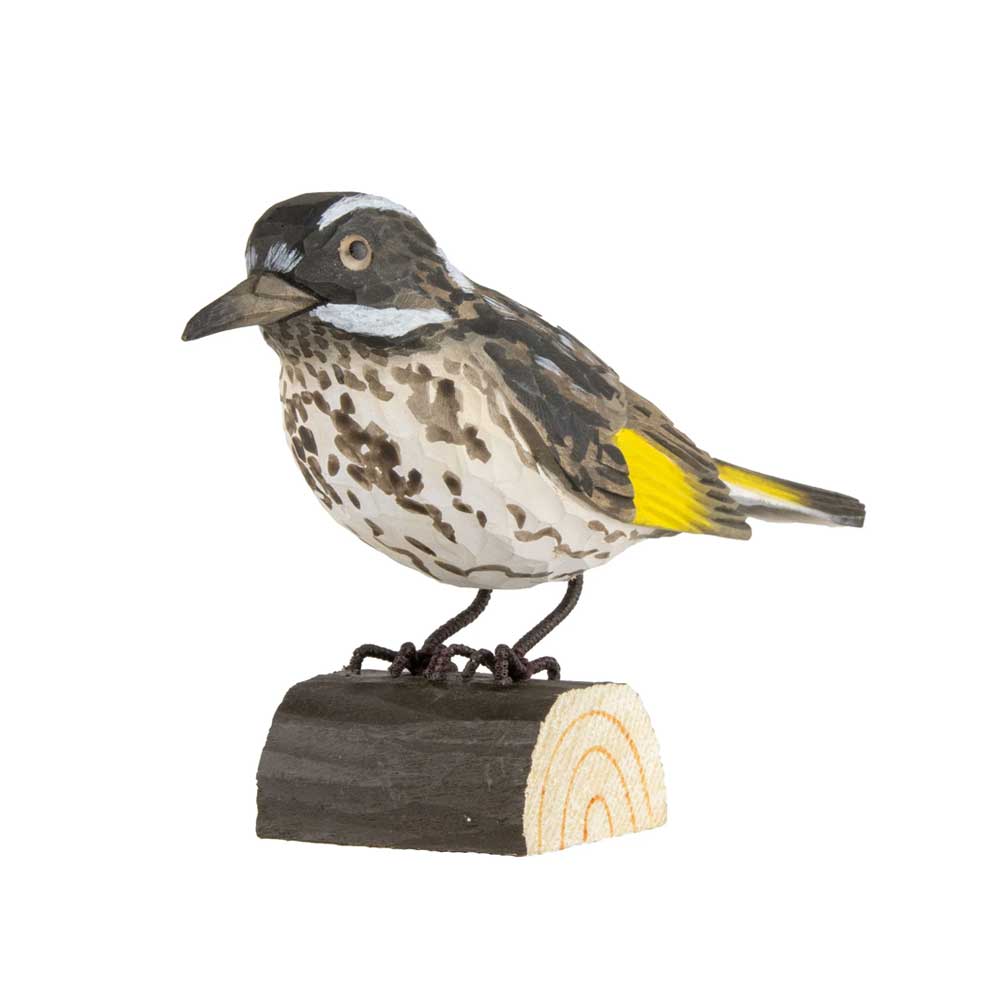 New Holland honeyeater hand carved linden wood deco bird photographed against white background. Australian Museum Shop online