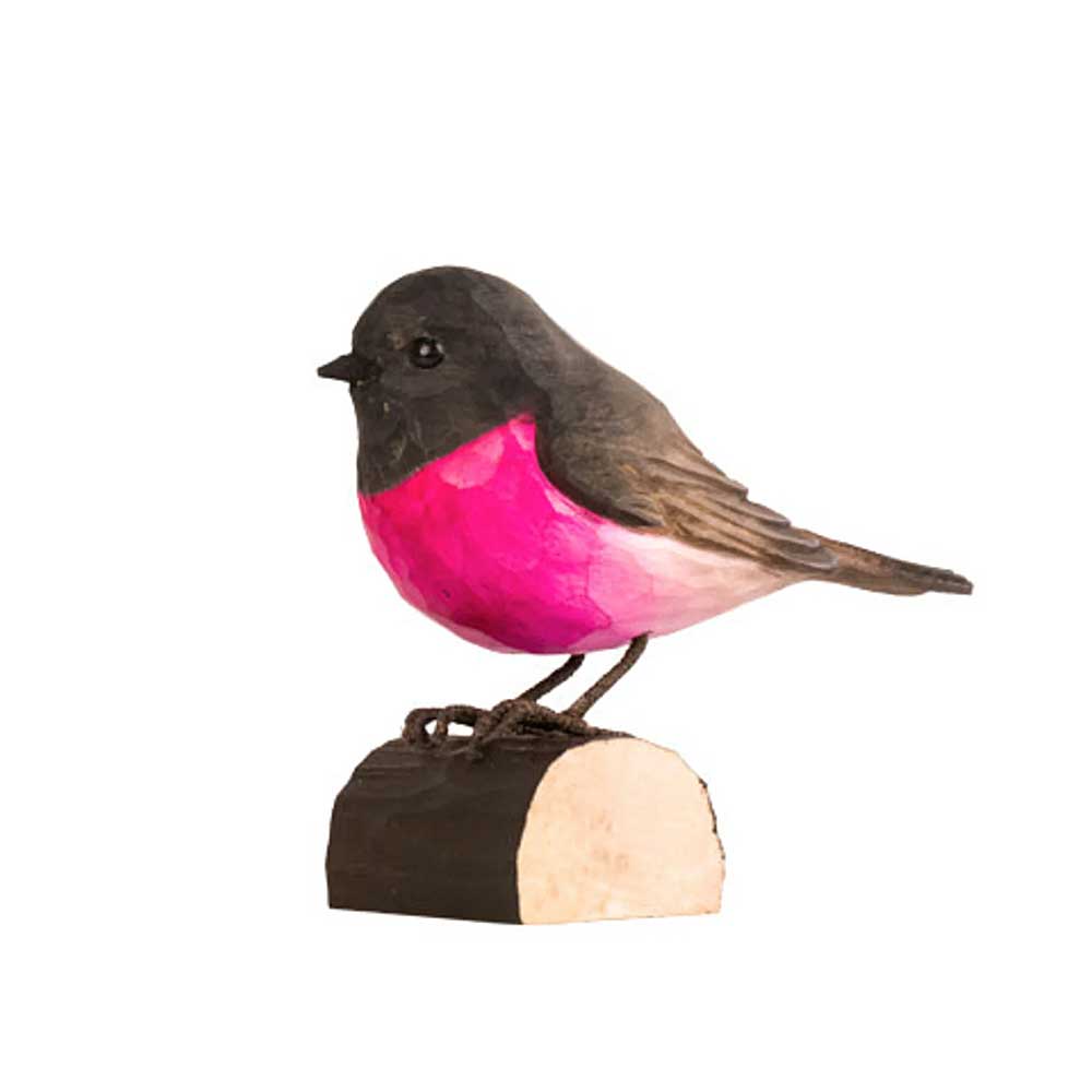 Pink Robin hand carved linden wood deco bird photographed against white background. Australian Museum Shop online