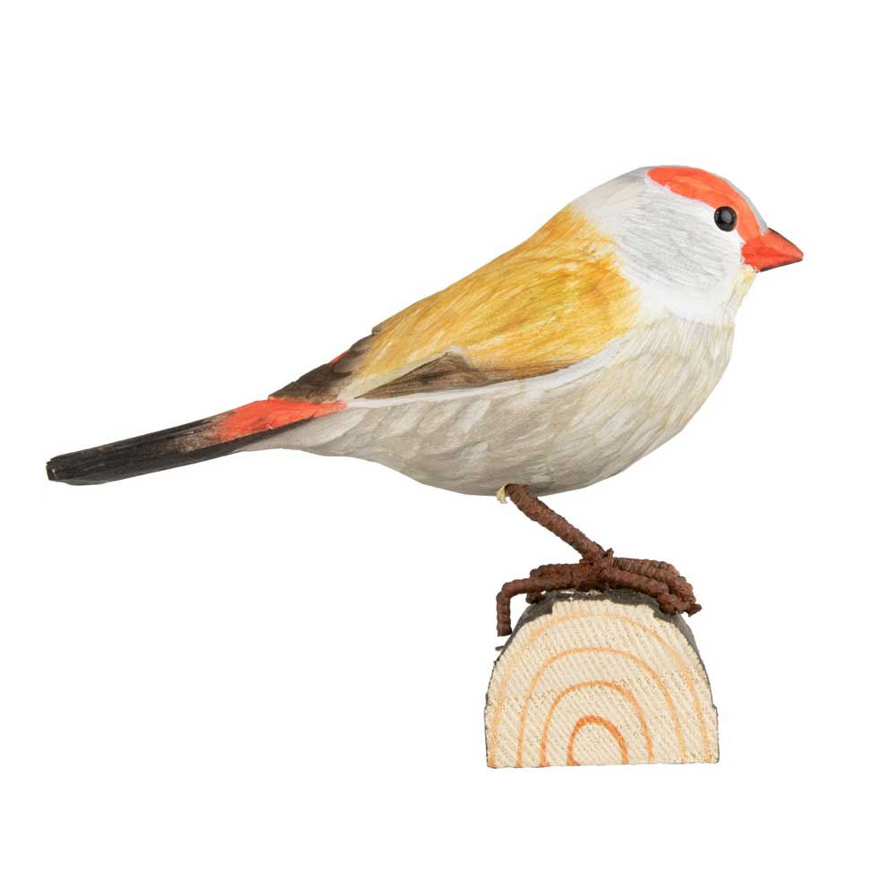 Red-Browed Finch hand carved linden wood deco bird photographed against white background. Australian Museum Shop online