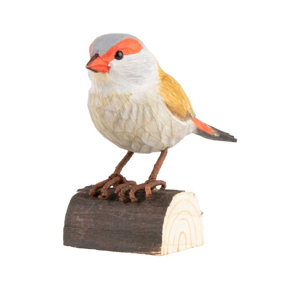 Red Browed Finch hand carved linden wood deco bird photographed against white background. Australian Museum Shop online