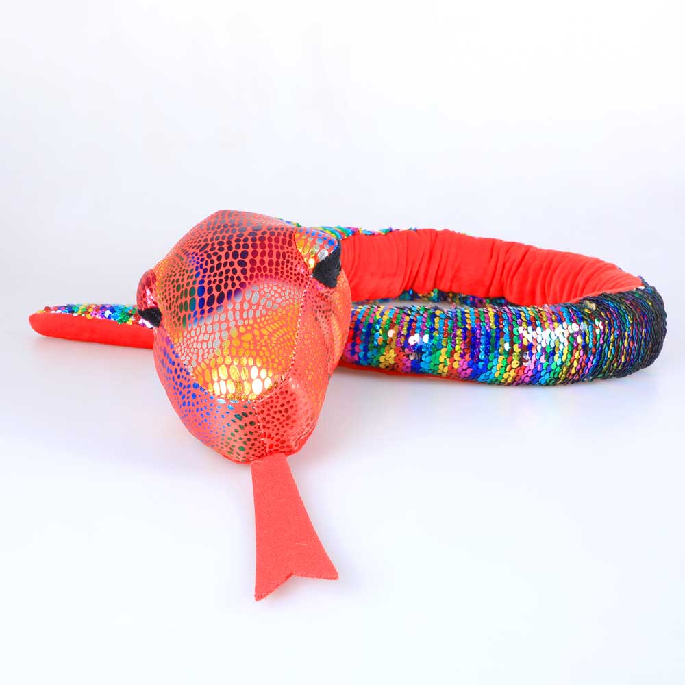 rainbow sequinned snake with soft plush underbelly, sleeping on a white background for Australian Museum Shop online