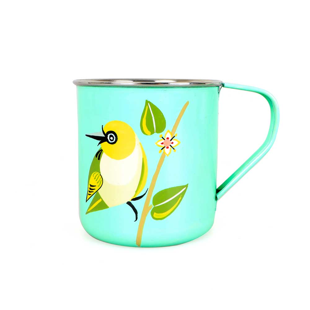 Silvereye and correa enamel mug songbird-collection photographed on white background for Australian Museum Shop online