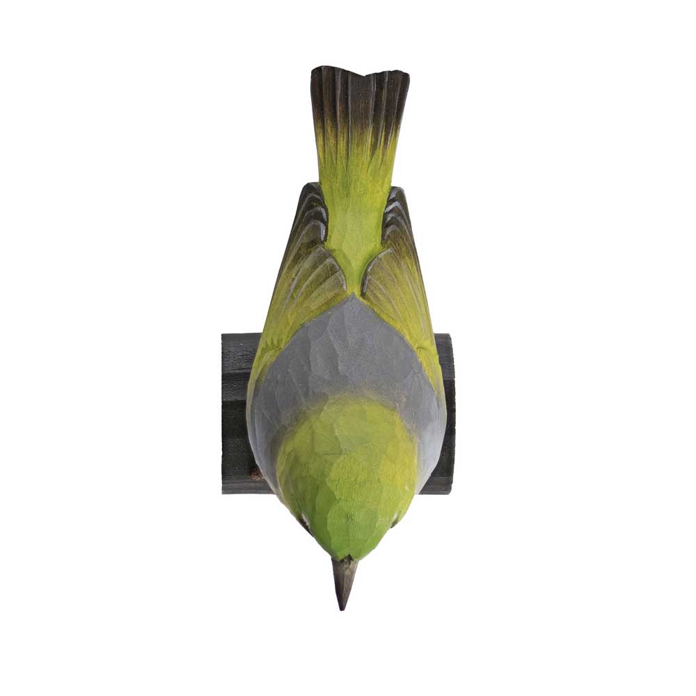 Silvereye hand carved linden wood deco bird photographed against white background. Australian Museum Shop online