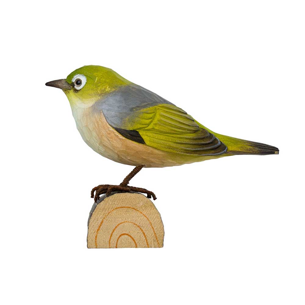 Silvereye hand carved linden wood deco bird photographed against white background. Australian Museum Shop online