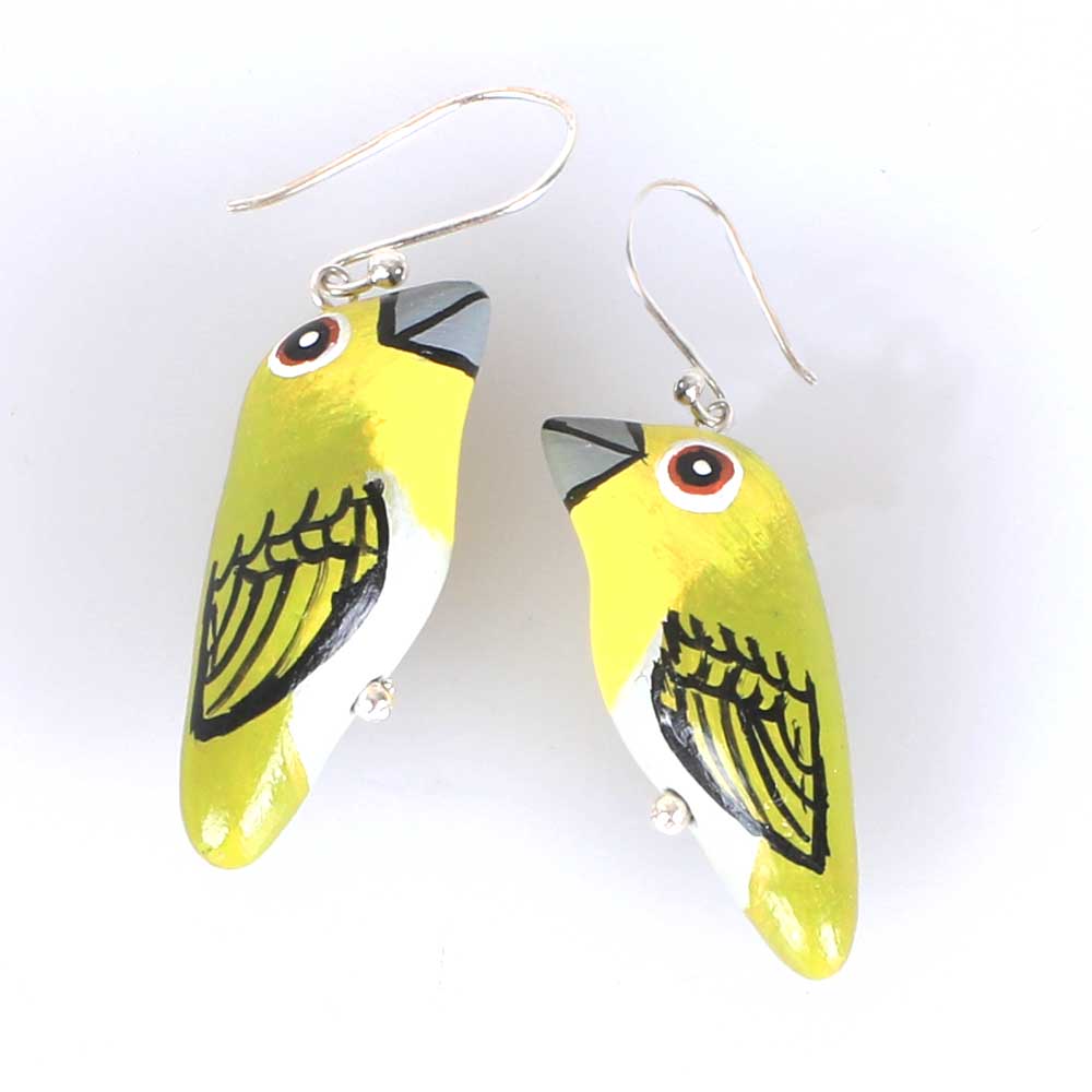 Silvereye earrings songbird collection photographed on white background for Australian Museum Shop online