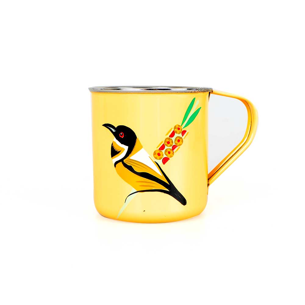 Spinebill and grevillea enamel mug songbird-collection photographed on white background for Australian Museum Shop online