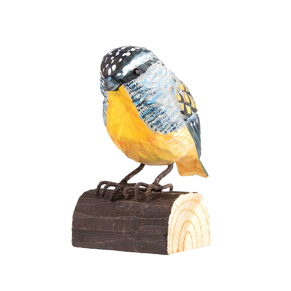 Spotted Pardalote hand carved linden wood deco bird photographed against white background. Australian Museum Shop online