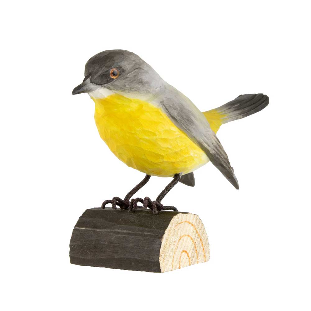 Yellow robin deco bird hand carved linden wood decorative ornament on white background for Australian Museum Shop online