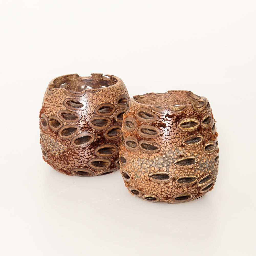 Banksia cone tealight holder. Hand turned tealight candle holder. 2 in box. Australian Museum Shop online