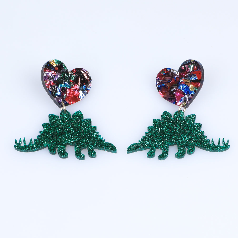 Stegosaurus and heart sparling glitter drop earrings Haus of Dizzy Australian Museum Shop online