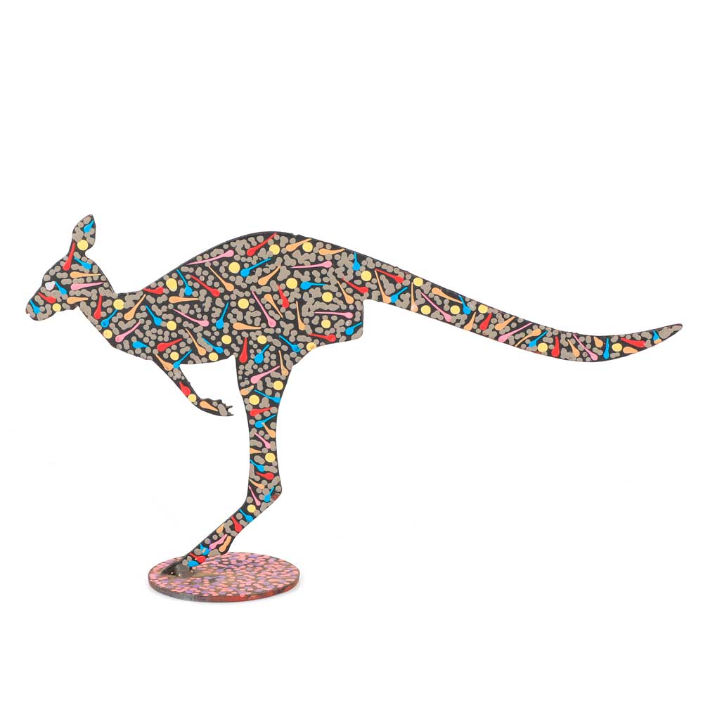metal kangaroo hand painted byWarlukurlangu Artists Of Yuendumu. Australian Museum Shop online
