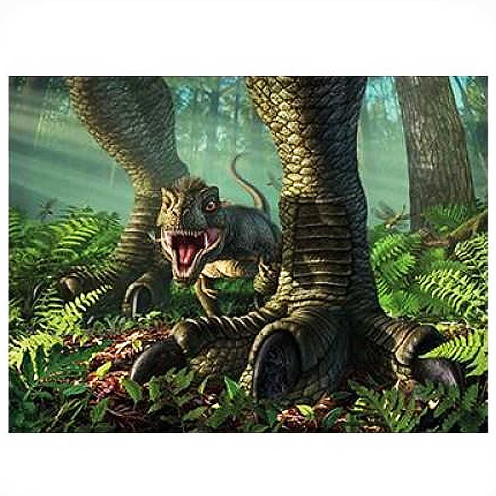 Lenticular place mat baby T-Rex and parent in a prehistoric jungle scene. Australian Museum Shop Online