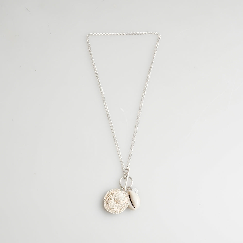 Bilum and Bilas link necklace with silver disc, shell and hand woven disc