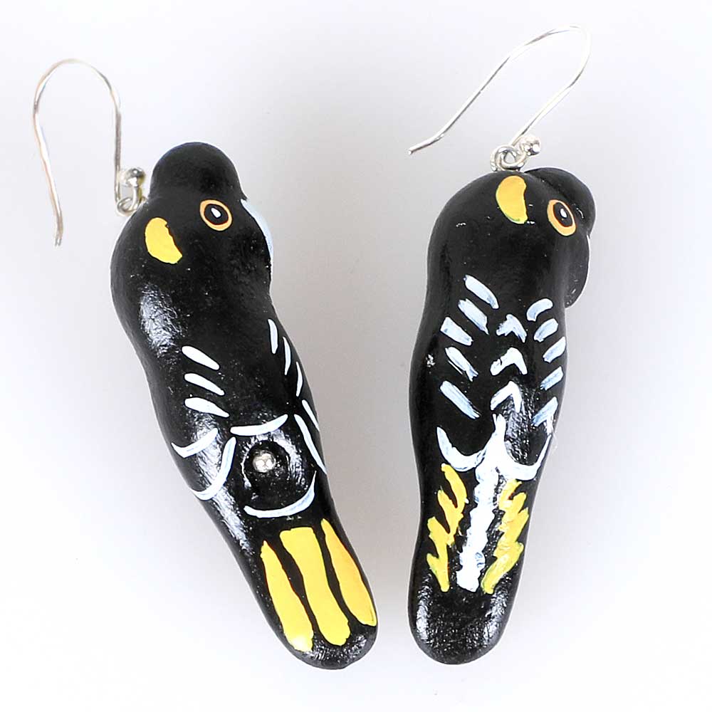 Yellow tailed black cockatoo clay earrings. Australian Museum shop