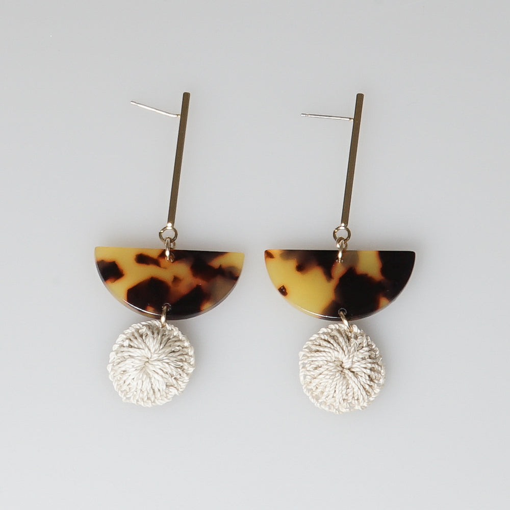 Earrings, Gold plated, raw brass bar featuring a natural bilum fibre disc and a faux turtle shell resin bead, sterling silver Ear posts