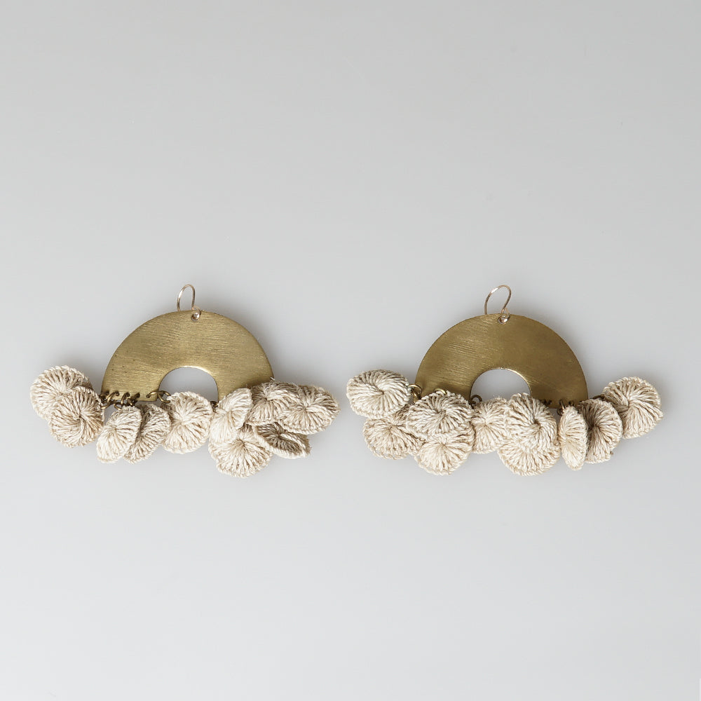 Raw brass arch earrings, with ten dangling handwoven bilum beads,  gold filled ear hooks
