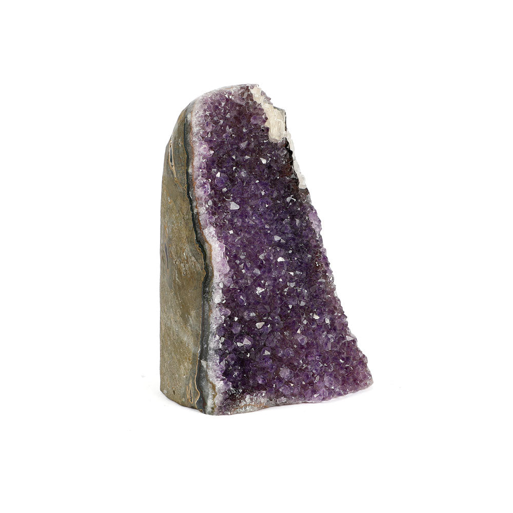 Amethyst Cluster Sculpture Freeform with Sawn Base on white background