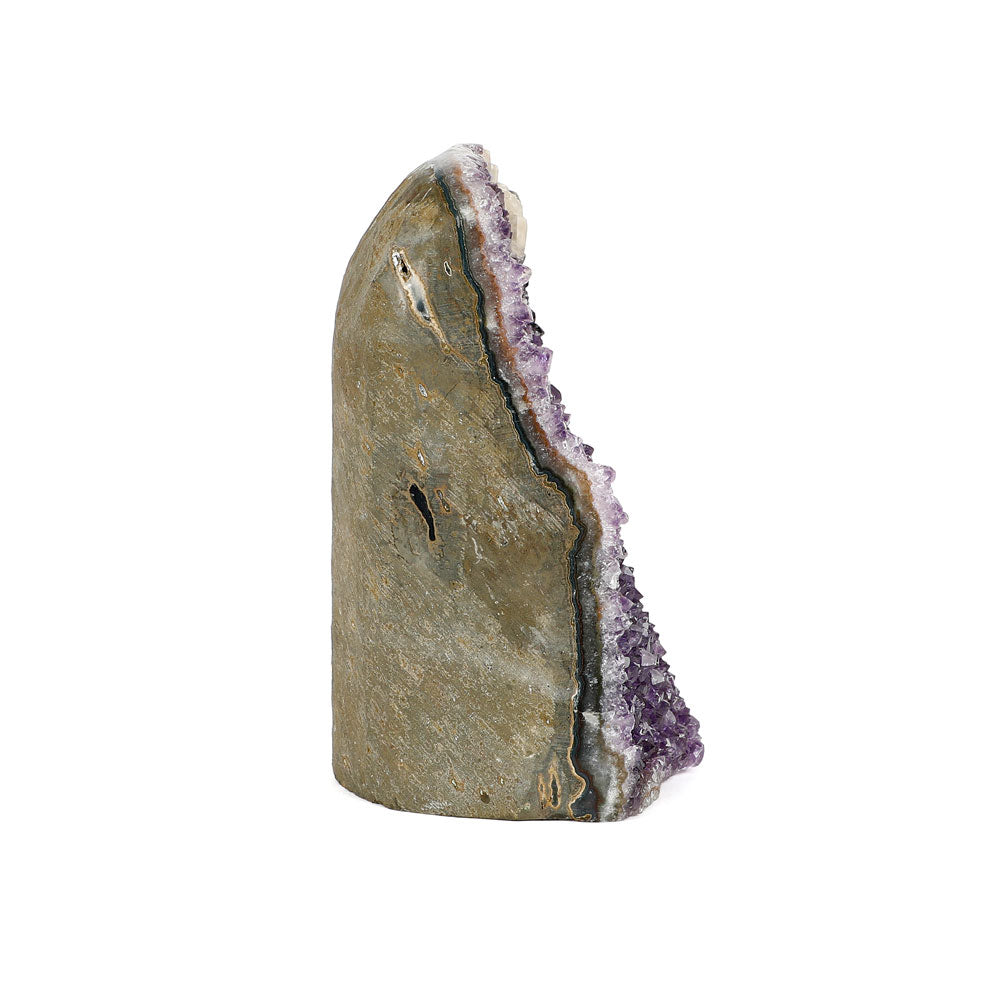Amethyst Cluster Sculpture Freeform with Sawn Base on white background