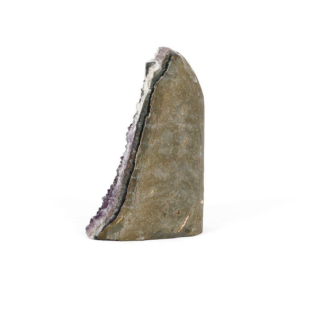 Amethyst Cluster Sculpture Freeform with Sawn Base on white background