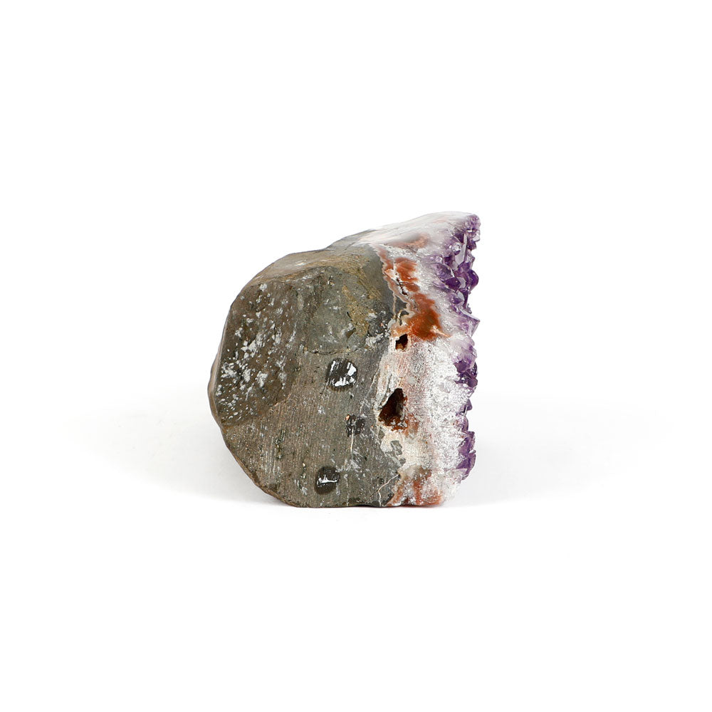 Freeform Amethyst Cluster Sculpture with Sawn Base on white background