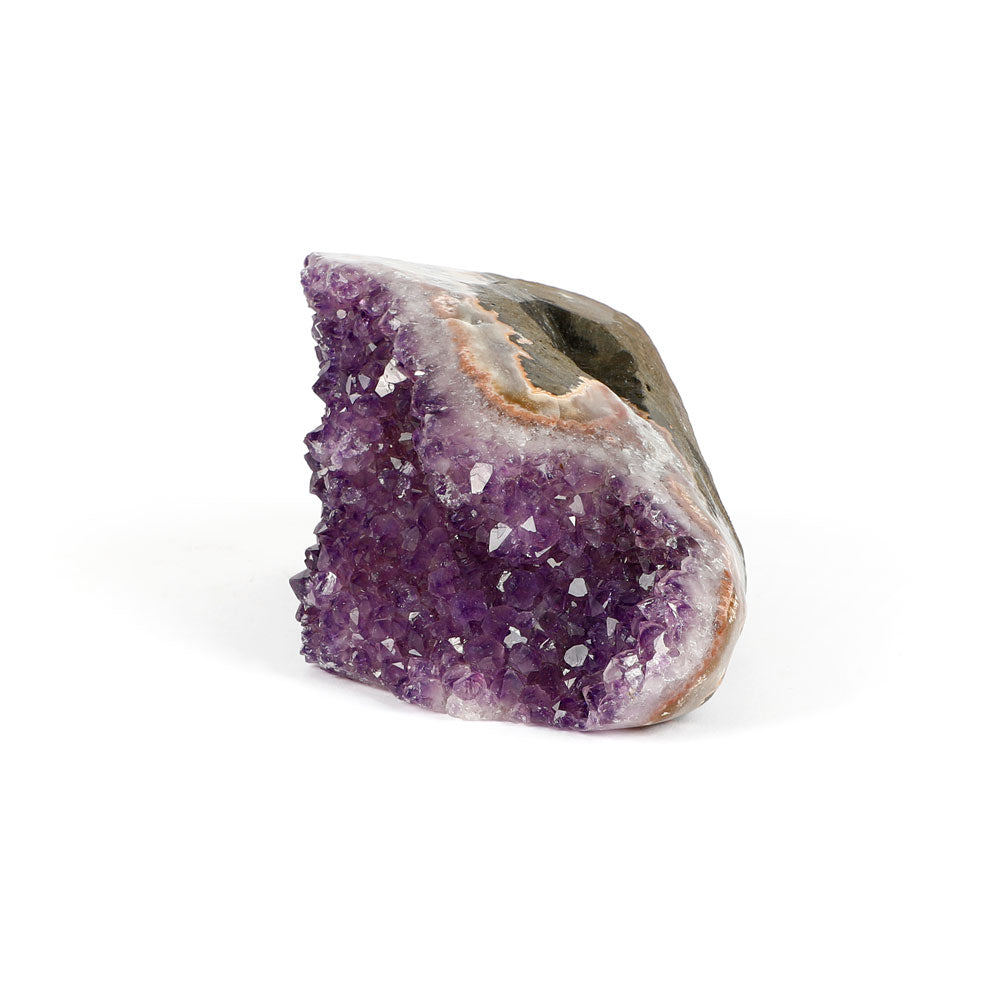 Freeform Amethyst Cluster Sculpture with Sawn Base on white background