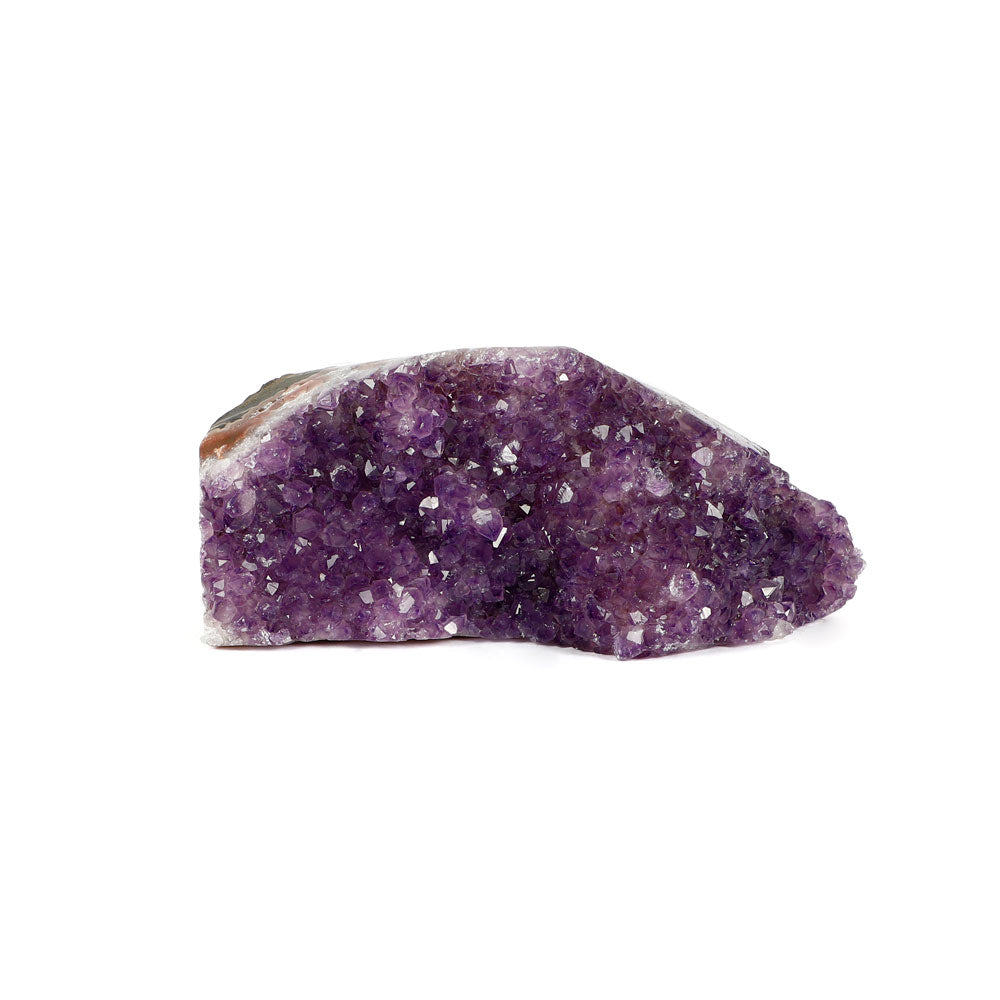 Freeform Amethyst Cluster Sculpture with Sawn Base on white background