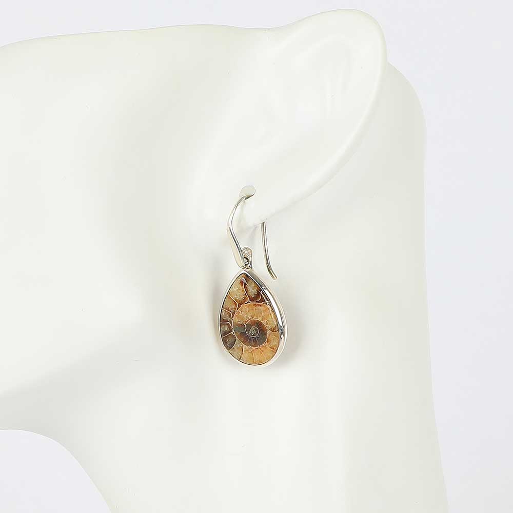 Ammonite Earrings with sterling silver mount and pierced ear hooks on white mannequin