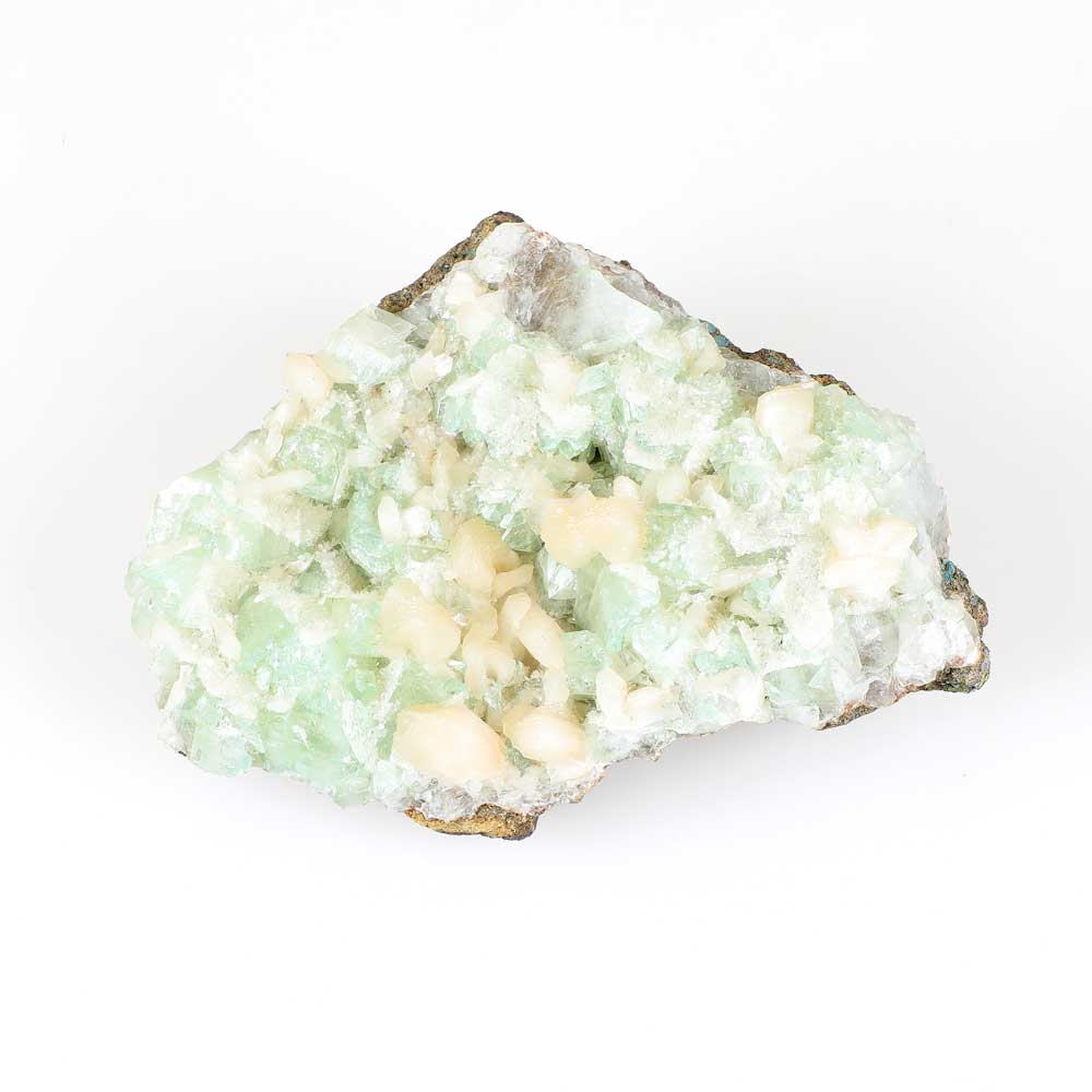 Apophyllite green crystal cluster photographed on white background. Australian Museum shop online