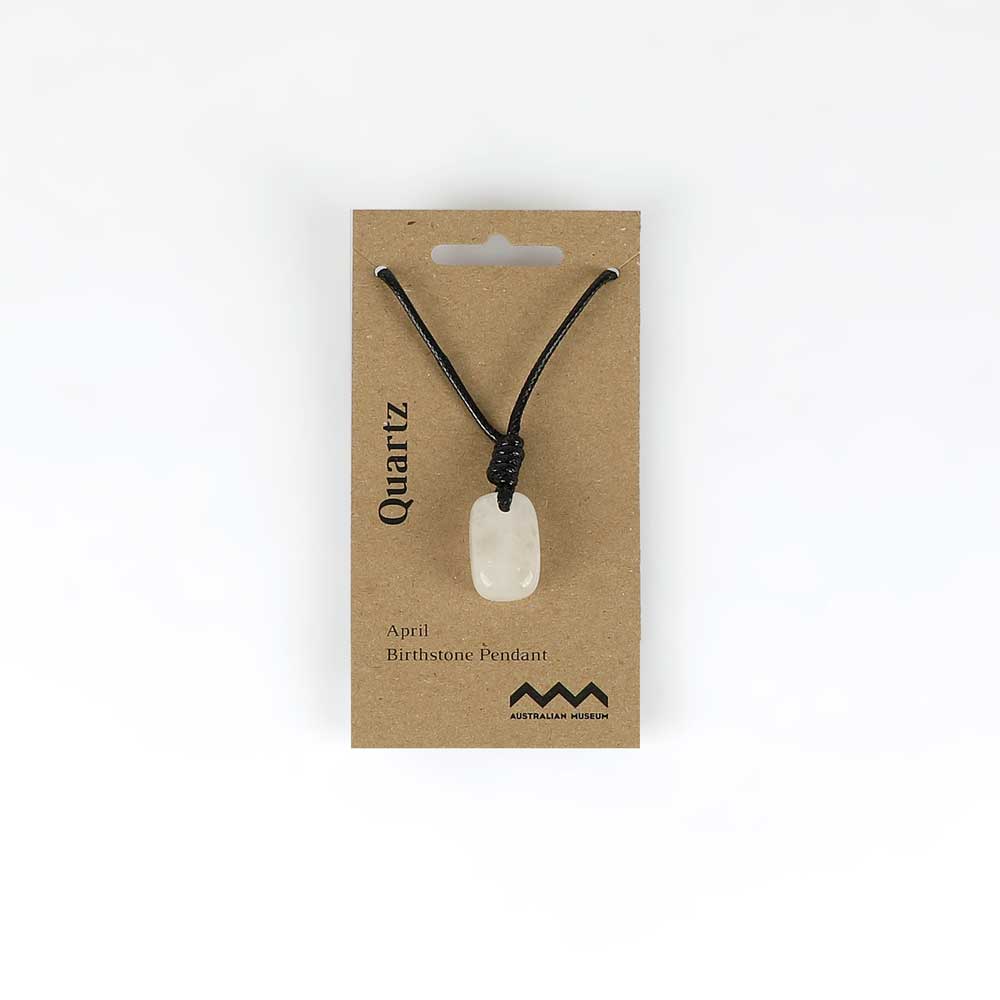 April birthstone pendant on leather and fibre necklace on white background for Australian Museum Shop online