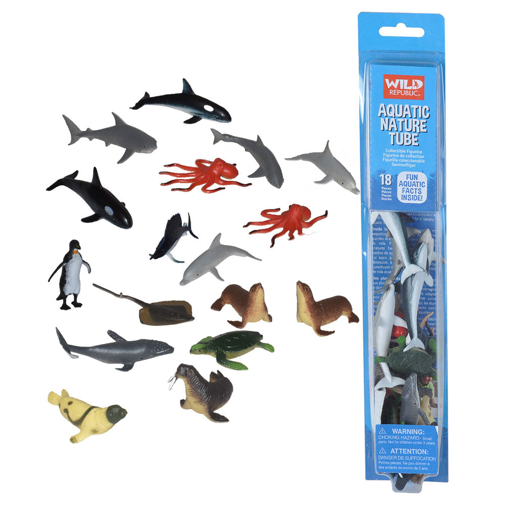 Set of aquatic animal figurines with a packaging tube labeled 'Wild Republic Aquatic Nature Tube' on a white background.
