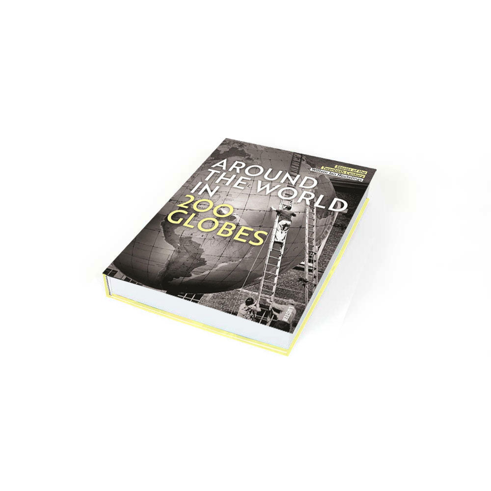 Around The World in 200 Globes book on white background