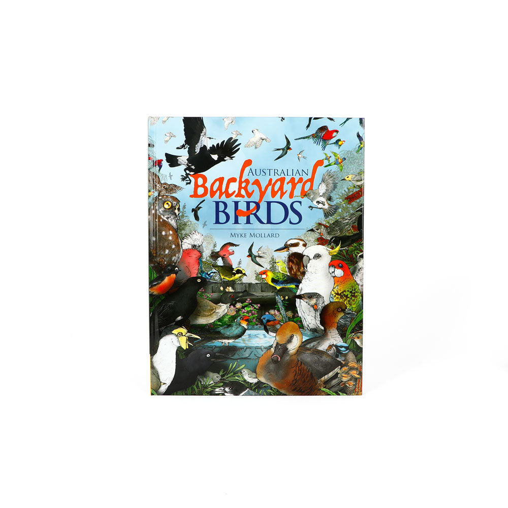 Book titled 'Australia's Backyard Birds' with illustrations of various birds on a white background