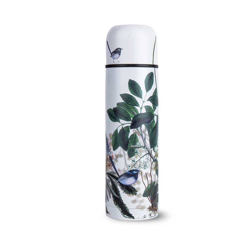 Banksia  illustrated stainless steel thermal tea flask on white background for Australian Museum Shop online