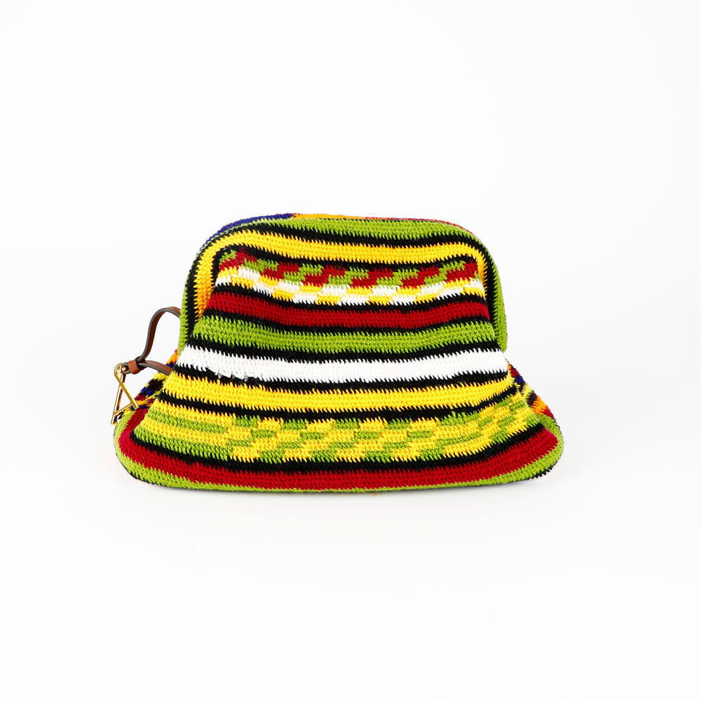 Colorful Barbara hand woven Bilum bag with geometric pattern, reverse view, on a white background