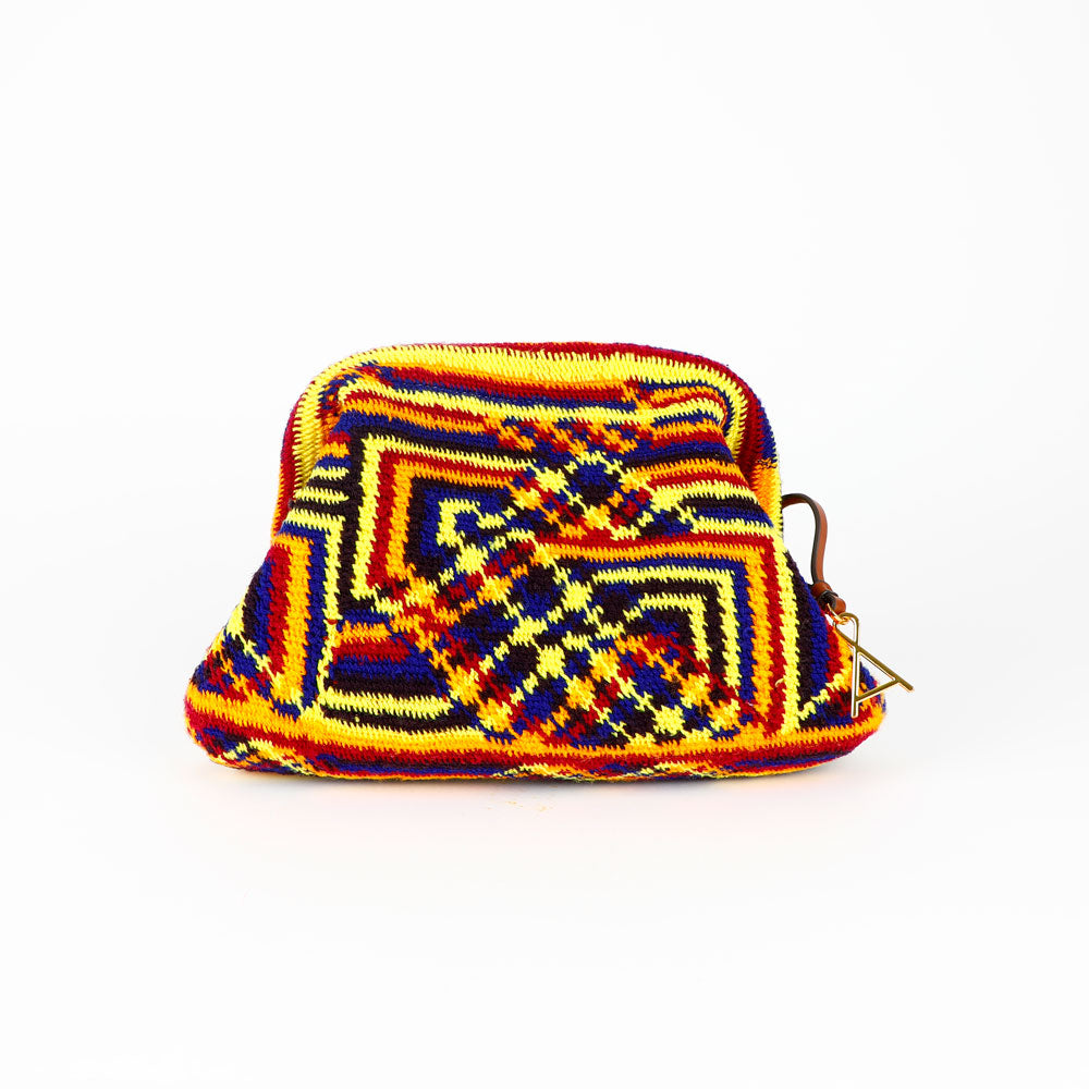 Colorful Barbara hand woven Bilum bag with geometric pattern on a white background