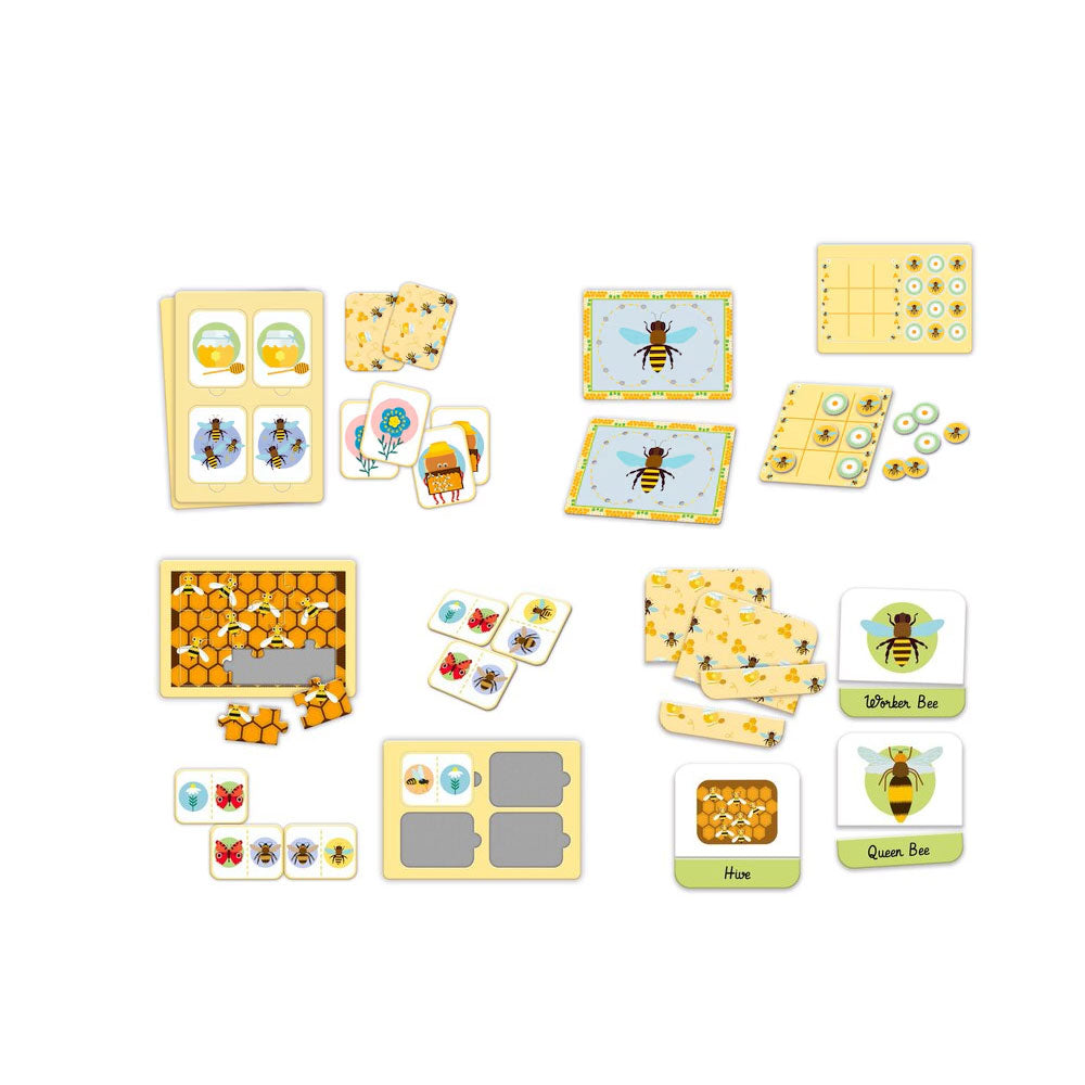 Bees ecoplay board game set pieces on white background