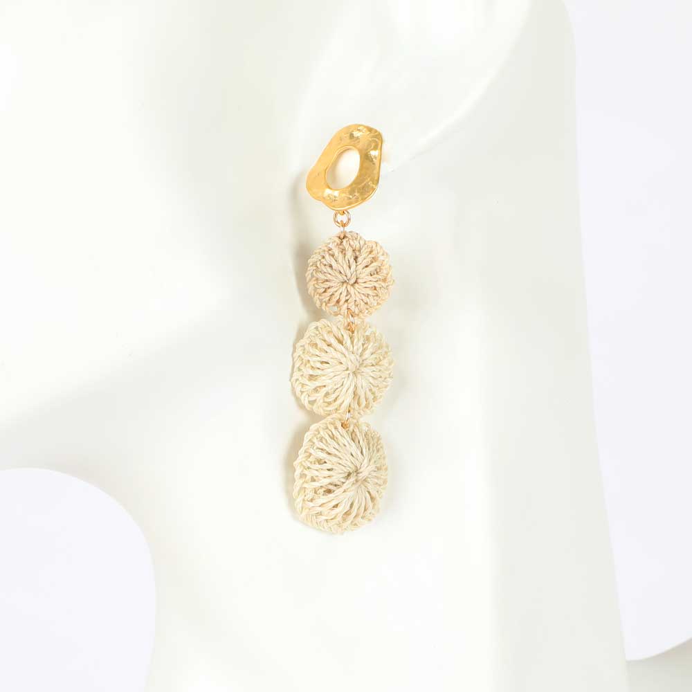 Bilum and Bilas Tri Warp handwoven disc drop earrings on mannequin