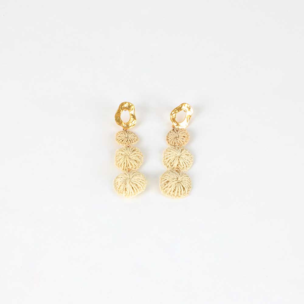 Bilum and Bilas Tri Warp handwoven disc drop earrings on white background