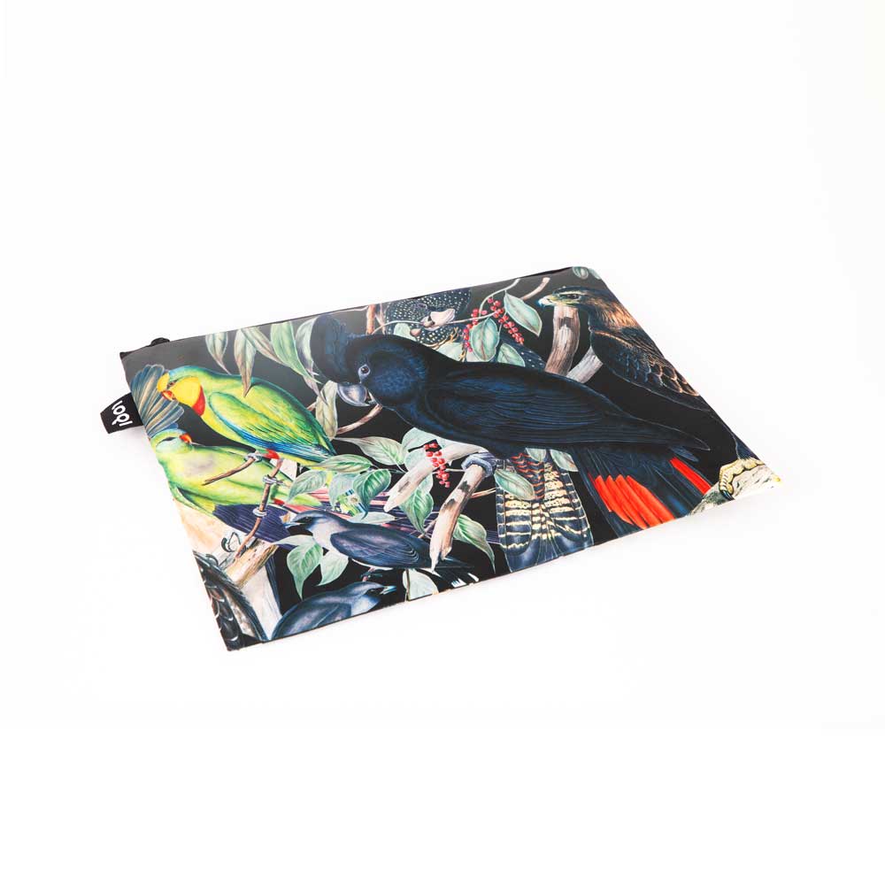 Pouch with Gould illustration design Black Cockatoo on a white background