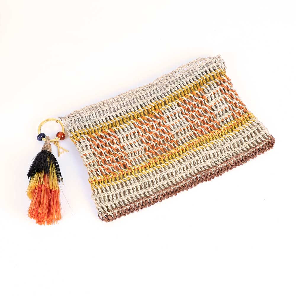 Handwoven Bilum clutch purse  on woven background