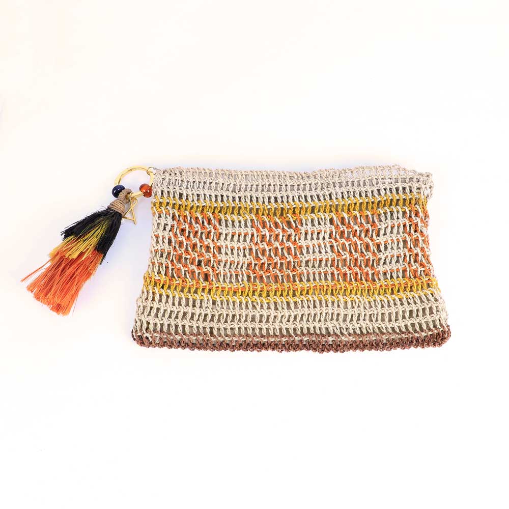 Handwoven Bilum clutch purse  on woven background