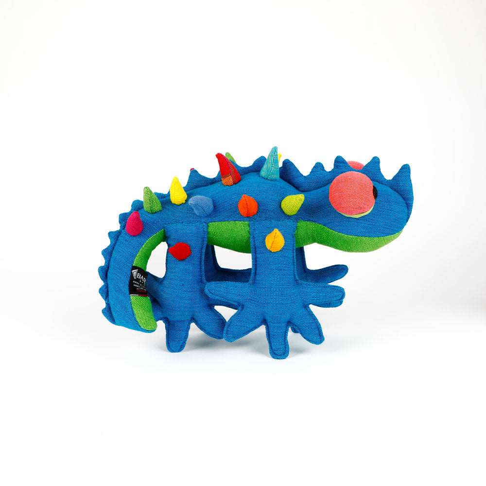 Blue Thorny Devil Barefoot Toy hand woven fabric handmade in Sri Lanka, on white background